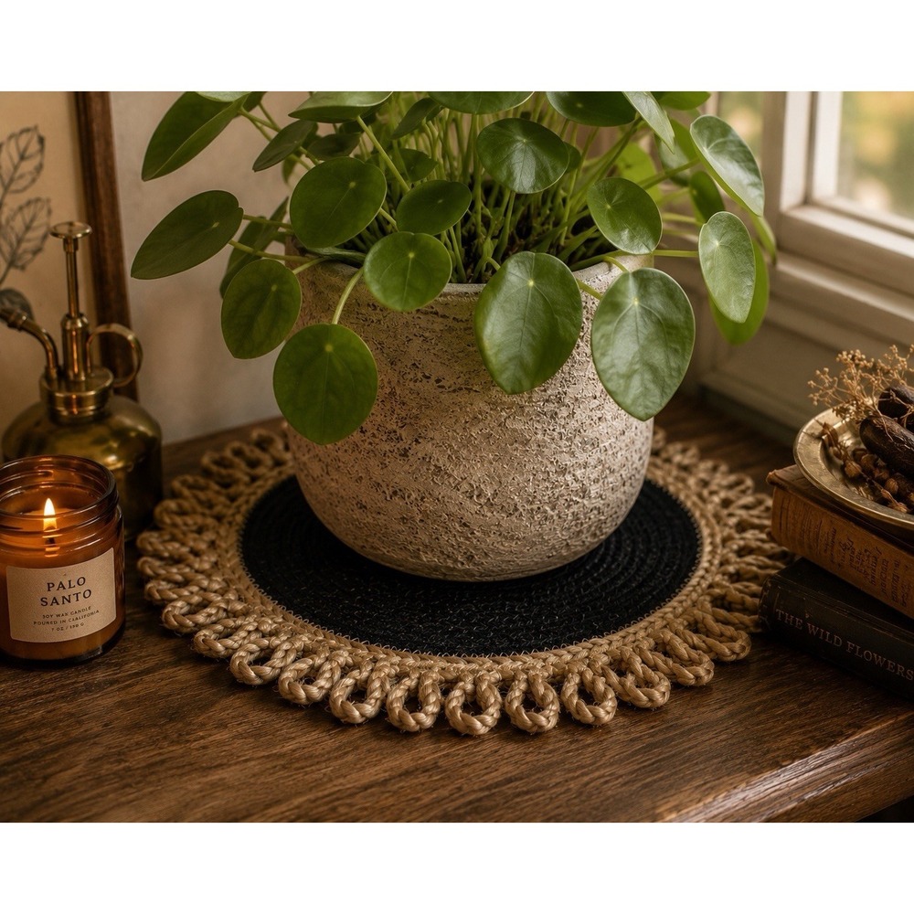 Organic Modern Braided Jute Placemats Set 4 Boho Coastal Japandi Plants Loops - Picture 2 of 9